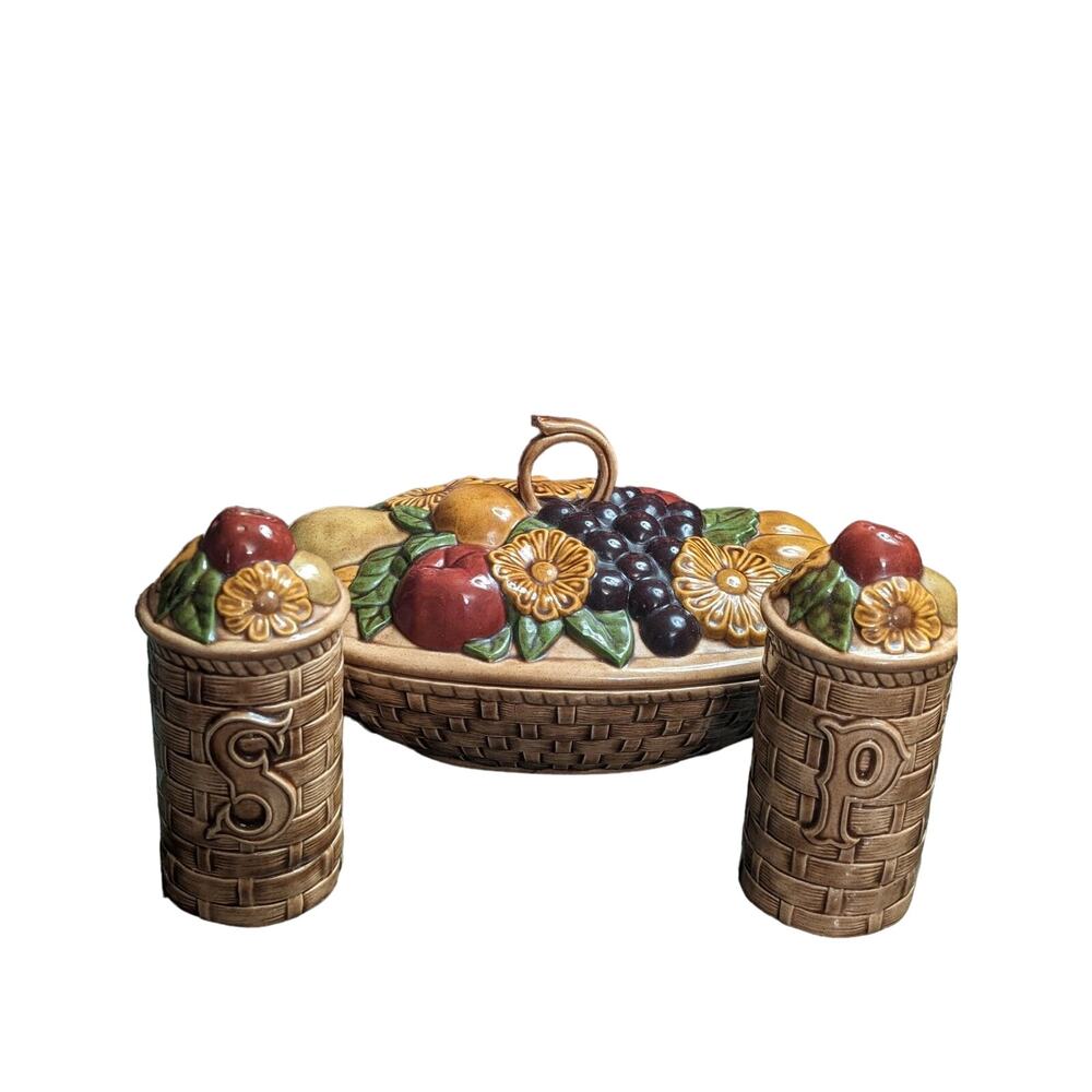 Vintage Boho Ceramic Fruit Basket Lidded Serving Dish w/ Salt & Pepper Shakers